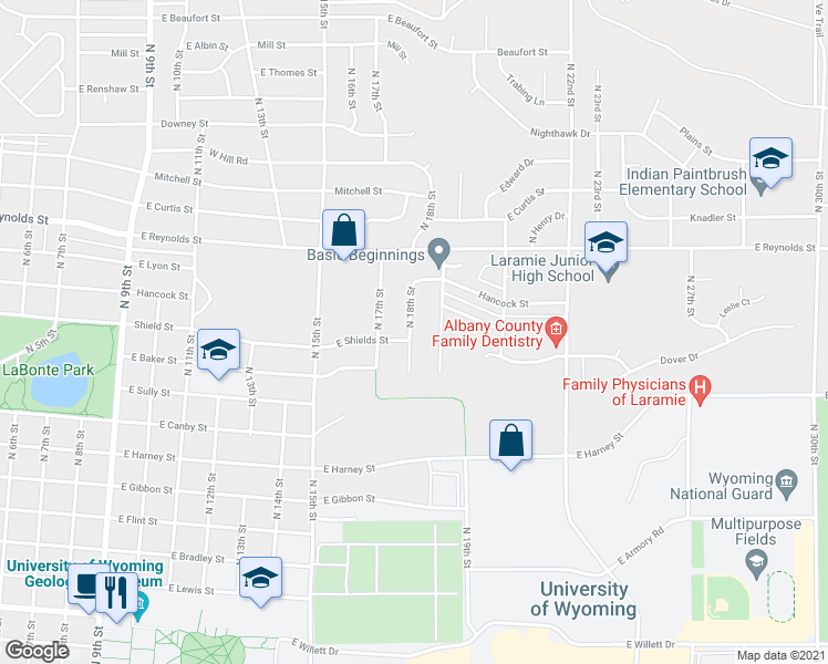 map of restaurants, bars, coffee shops, grocery stores, and more near 1259 North 18th Street in Laramie