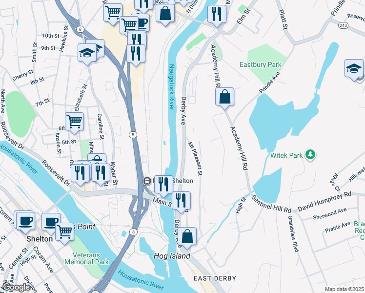 map of restaurants, bars, coffee shops, grocery stores, and more near 184 Derby Avenue in Derby