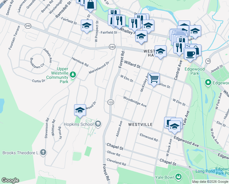map of restaurants, bars, coffee shops, grocery stores, and more near 105 Woodside Terrace in New Haven