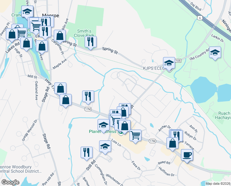 map of restaurants, bars, coffee shops, grocery stores, and more near 24 Forshee Street in Monroe