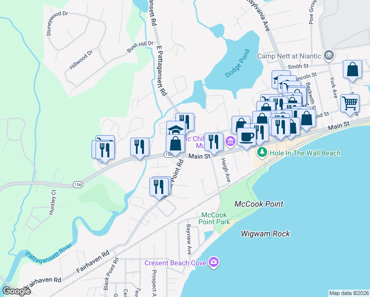 map of restaurants, bars, coffee shops, grocery stores, and more near 488 Main Street in East Lyme