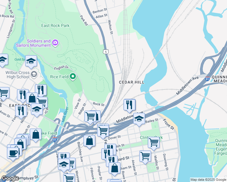 map of restaurants, bars, coffee shops, grocery stores, and more near 1416 State Street in New Haven