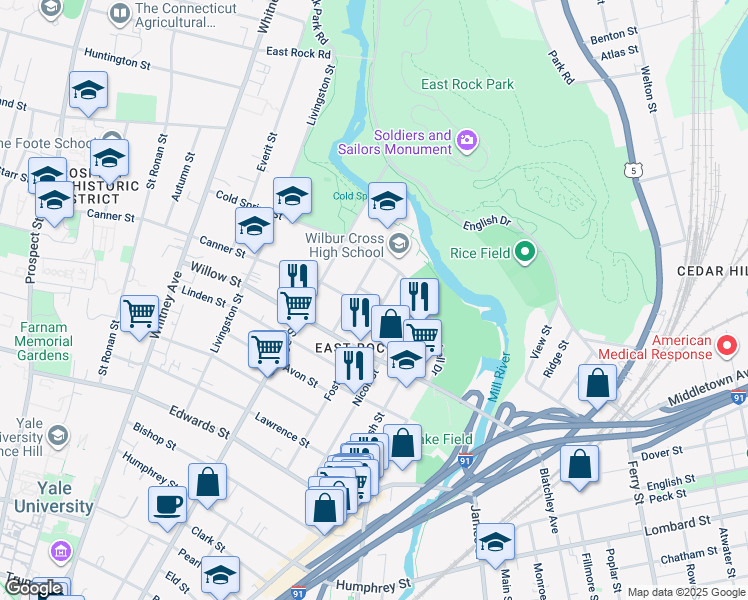map of restaurants, bars, coffee shops, grocery stores, and more near 196 Foster Street in New Haven