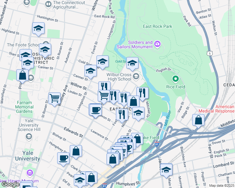 map of restaurants, bars, coffee shops, grocery stores, and more near 14 Anderson Street in New Haven