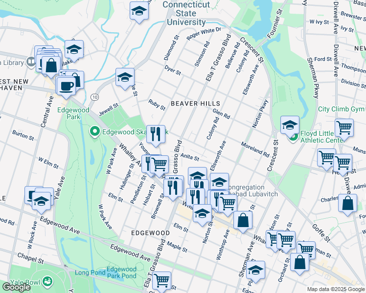 map of restaurants, bars, coffee shops, grocery stores, and more near 119 Anita Street in New Haven