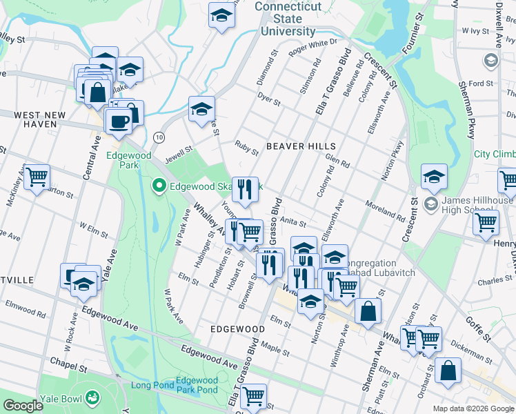 map of restaurants, bars, coffee shops, grocery stores, and more near 1570 Ella T Grasso Boulevard in New Haven