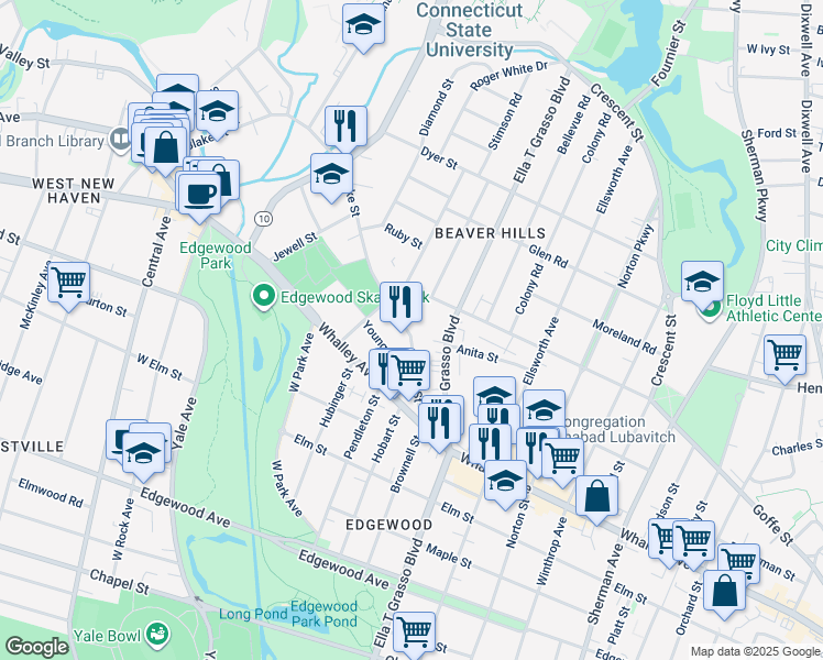 map of restaurants, bars, coffee shops, grocery stores, and more near 34 Whittlesey Avenue in New Haven