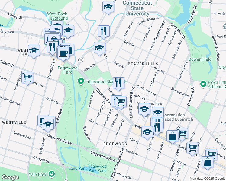 map of restaurants, bars, coffee shops, grocery stores, and more near 615 Whalley Avenue in New Haven