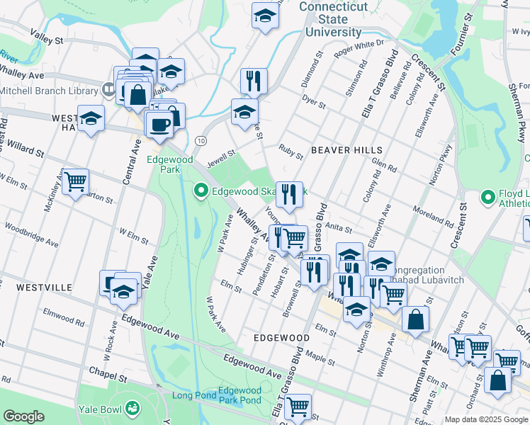 map of restaurants, bars, coffee shops, grocery stores, and more near in New Haven