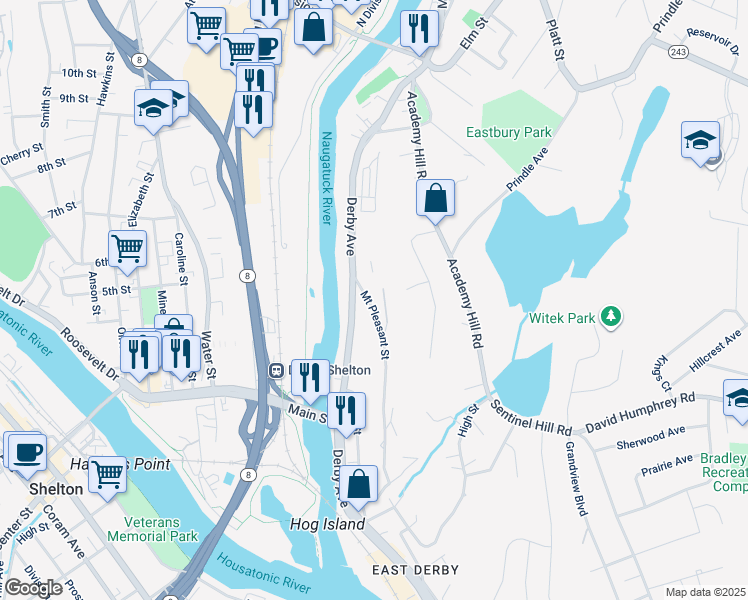 map of restaurants, bars, coffee shops, grocery stores, and more near 169 Derby Avenue in Derby