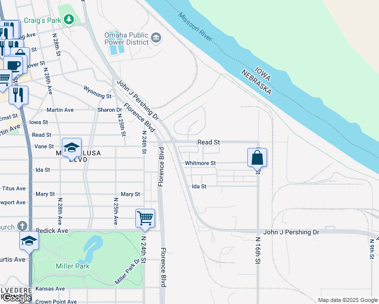 map of restaurants, bars, coffee shops, grocery stores, and more near 2027 Read Street in Omaha
