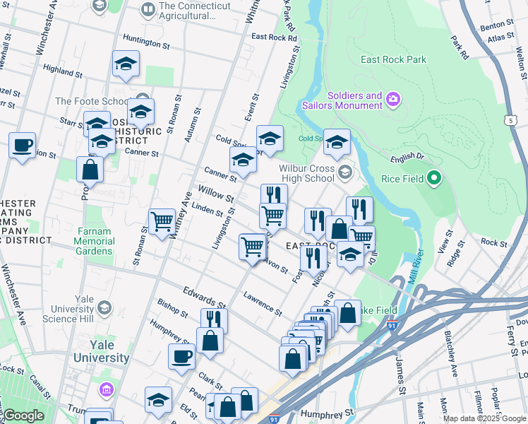 map of restaurants, bars, coffee shops, grocery stores, and more near 257 Willow Street in New Haven