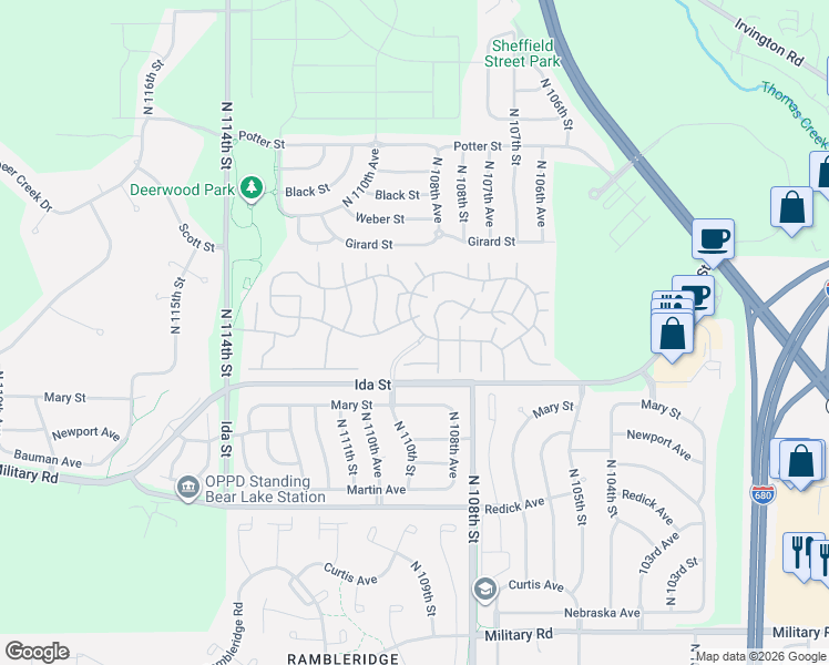 map of restaurants, bars, coffee shops, grocery stores, and more near 7040 North 110th Plaza in Omaha