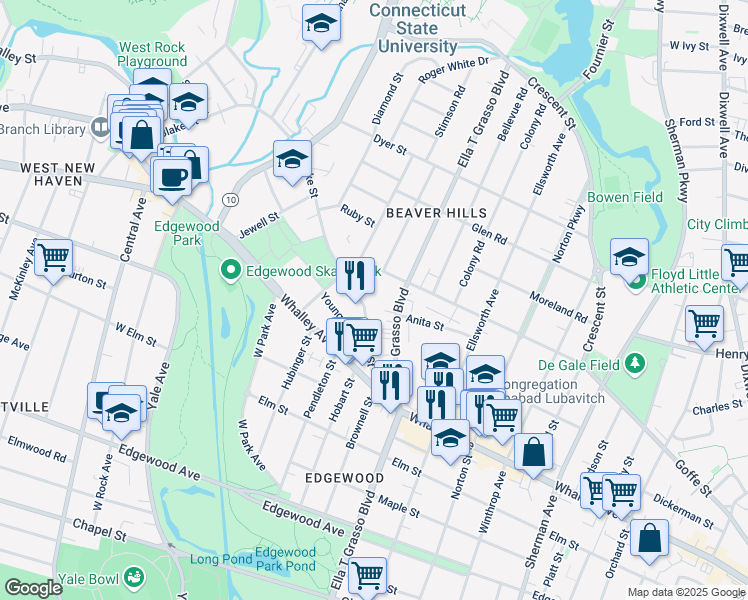 map of restaurants, bars, coffee shops, grocery stores, and more near 1570 Ella T Grasso Boulevard in New Haven