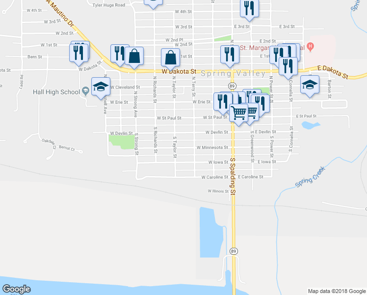 map of restaurants, bars, coffee shops, grocery stores, and more near 301 West Minnesota Street in Spring Valley