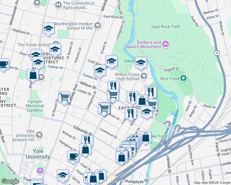 map of restaurants, bars, coffee shops, grocery stores, and more near in New Haven
