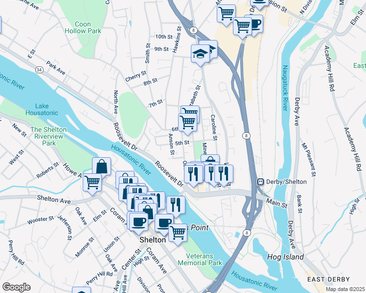 map of restaurants, bars, coffee shops, grocery stores, and more near 108 Olivia Street in Derby
