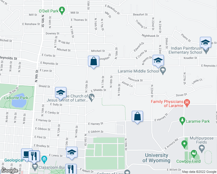 map of restaurants, bars, coffee shops, grocery stores, and more near 1167 North 18th Street in Laramie
