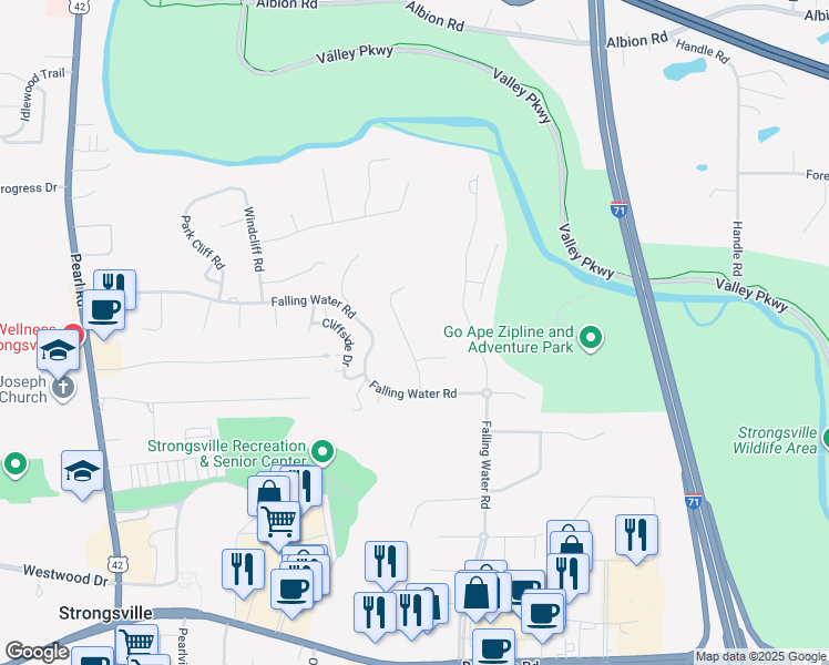 map of restaurants, bars, coffee shops, grocery stores, and more near 12263 Moss Ridge Circle in Strongsville