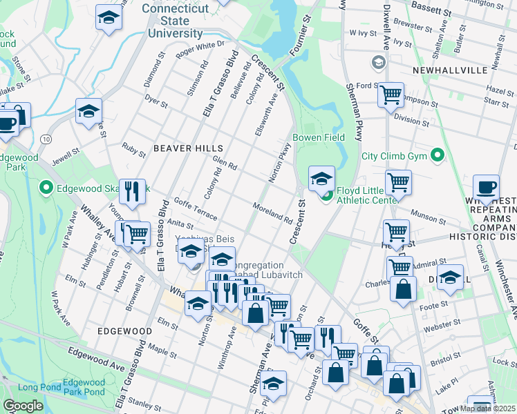 map of restaurants, bars, coffee shops, grocery stores, and more near Norton Pkwy & Moreland Rd in New Haven
