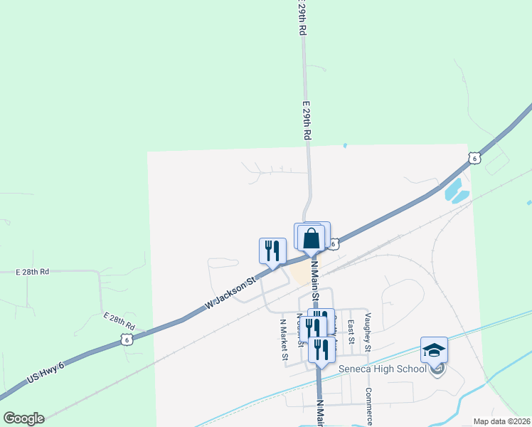 map of restaurants, bars, coffee shops, grocery stores, and more near 689 North Main Street in Seneca