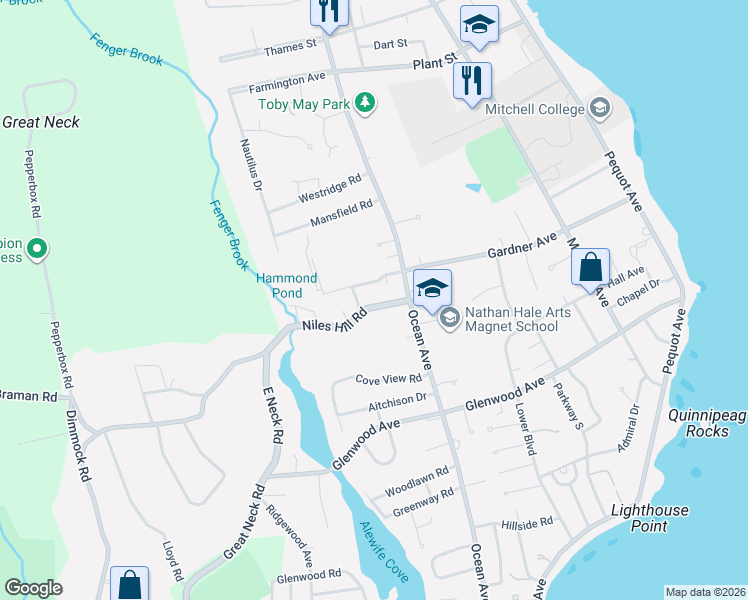 map of restaurants, bars, coffee shops, grocery stores, and more near 40 Niles Hill Road in New London