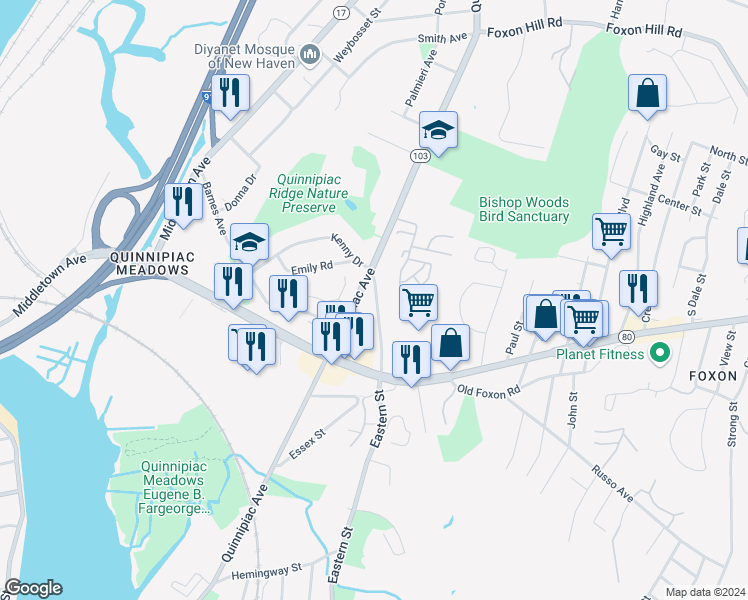 map of restaurants, bars, coffee shops, grocery stores, and more near 47 Eastern Street in New Haven