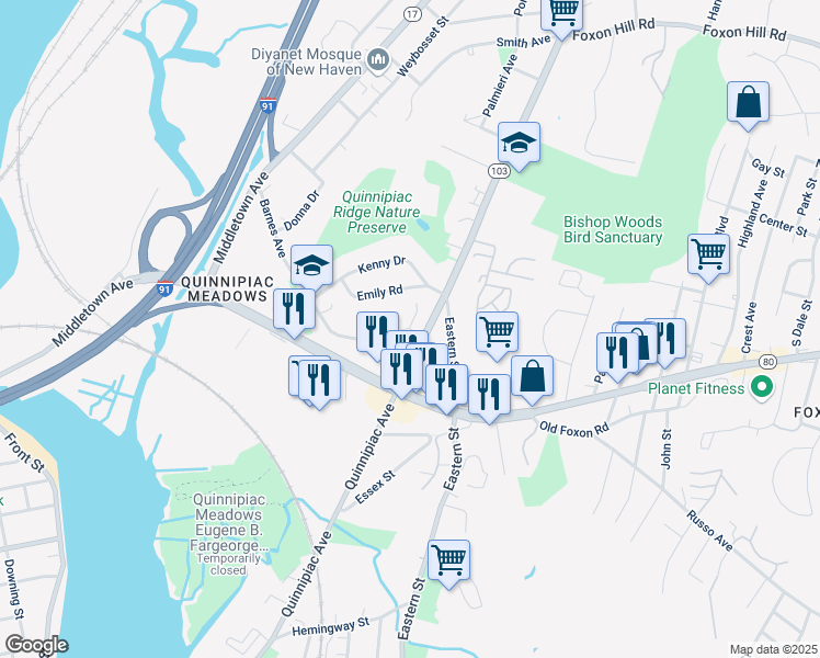 map of restaurants, bars, coffee shops, grocery stores, and more near 1299 Quinnipiac Avenue in New Haven