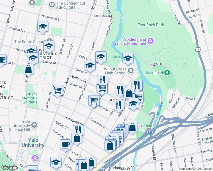 map of restaurants, bars, coffee shops, grocery stores, and more near 788 Orange Street in New Haven