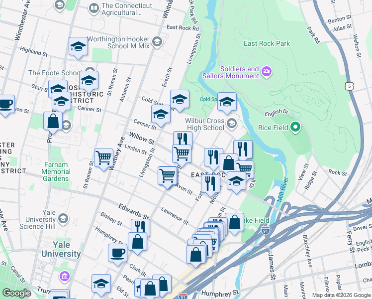 map of restaurants, bars, coffee shops, grocery stores, and more near in New Haven
