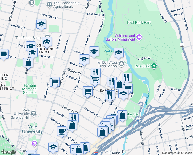 map of restaurants, bars, coffee shops, grocery stores, and more near 788 Orange Street in New Haven