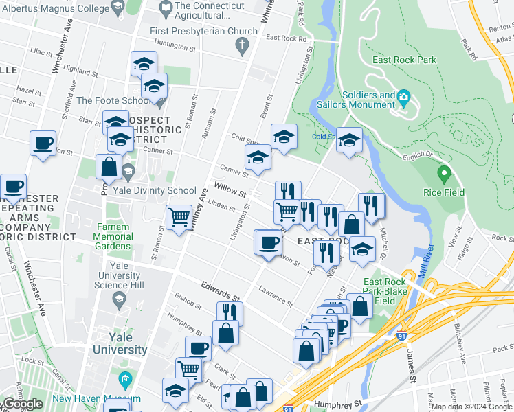 map of restaurants, bars, coffee shops, grocery stores, and more near 109 Linden Street in New Haven