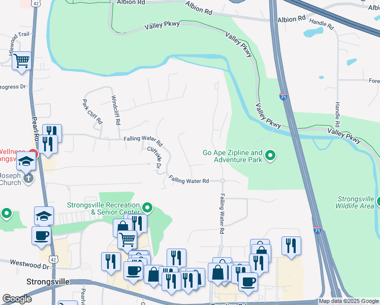 map of restaurants, bars, coffee shops, grocery stores, and more near 12263 Moss Ridge Circle in Strongsville