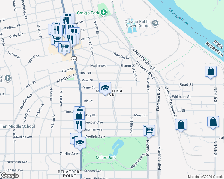 map of restaurants, bars, coffee shops, grocery stores, and more near 7002 Minne Lusa Boulevard in Omaha