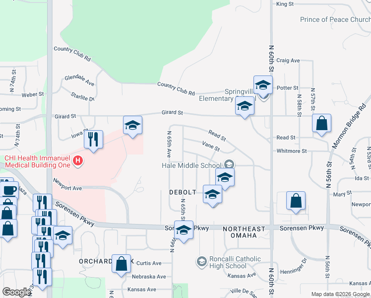 map of restaurants, bars, coffee shops, grocery stores, and more near 7015 North 65th Street in Omaha
