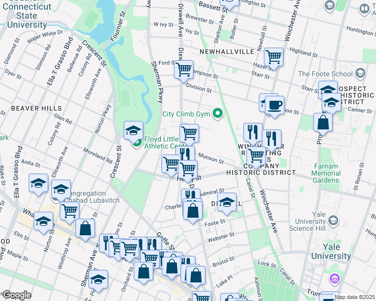 map of restaurants, bars, coffee shops, grocery stores, and more near Munson Street in New Haven