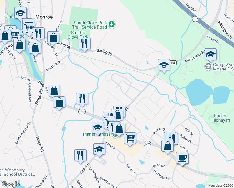 map of restaurants, bars, coffee shops, grocery stores, and more near 8 Forshee Street in Monroe