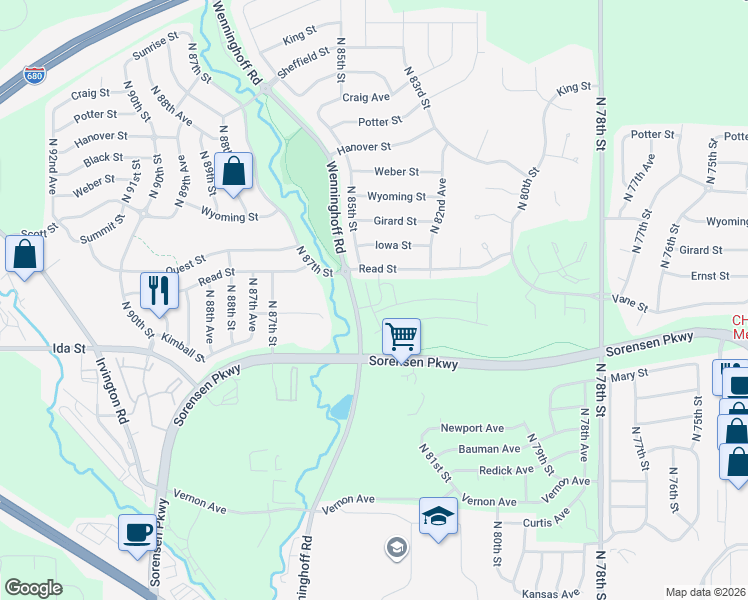 map of restaurants, bars, coffee shops, grocery stores, and more near 7001 North 85th Plaza in Omaha