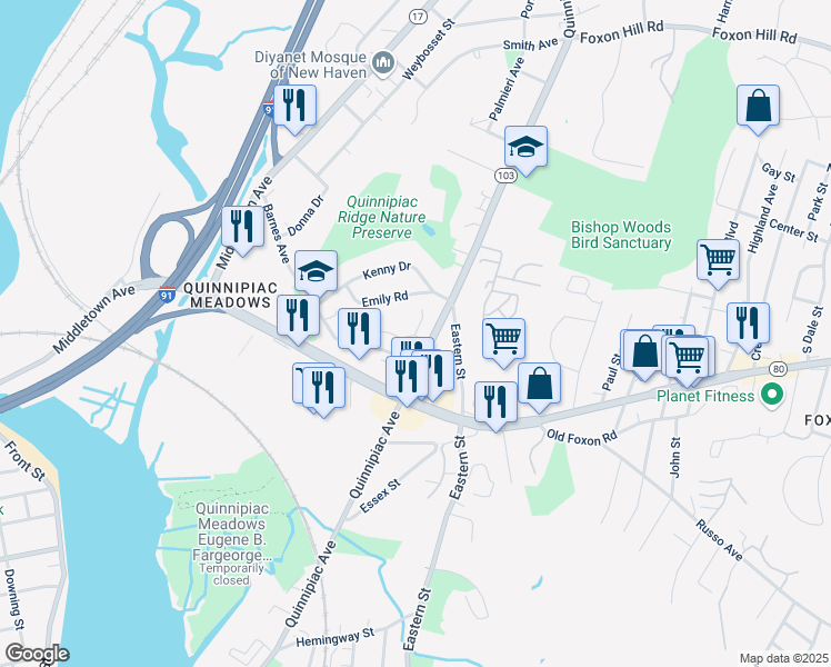 map of restaurants, bars, coffee shops, grocery stores, and more near 95 Emily Road in New Haven