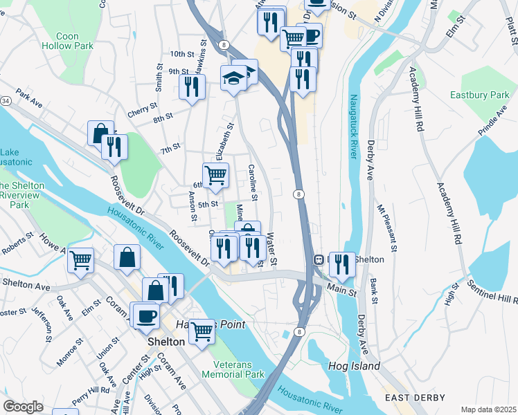 map of restaurants, bars, coffee shops, grocery stores, and more near 191 Caroline Street in Derby