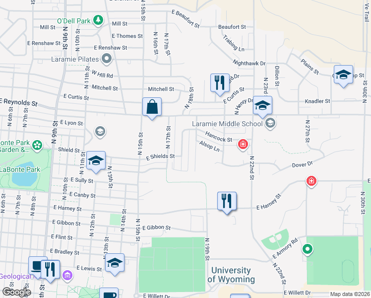 map of restaurants, bars, coffee shops, grocery stores, and more near 1365 North 18th Street in Laramie