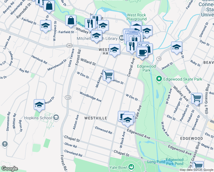 map of restaurants, bars, coffee shops, grocery stores, and more near Alden Avenue & West Elm Street in New Haven