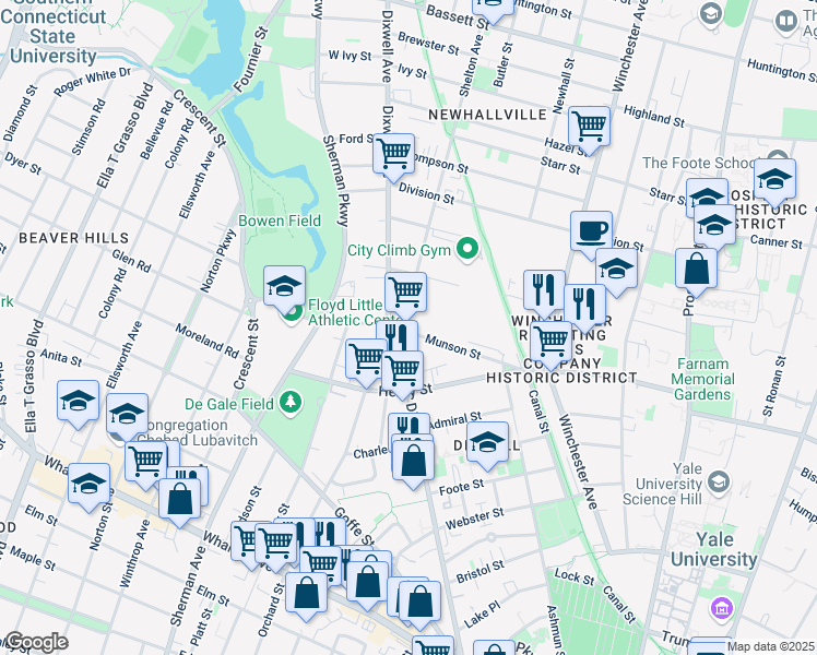 map of restaurants, bars, coffee shops, grocery stores, and more near 13 Shelton Avenue in New Haven