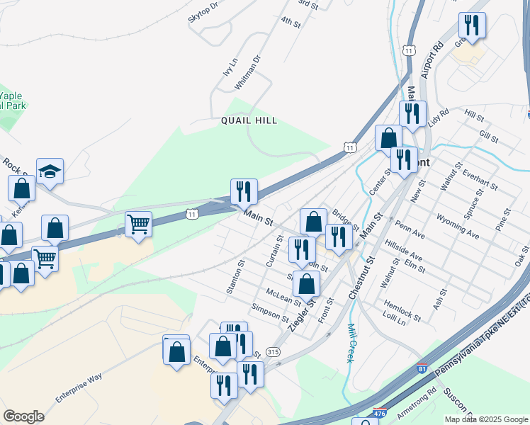 map of restaurants, bars, coffee shops, grocery stores, and more near 526 Main Street in Pittston