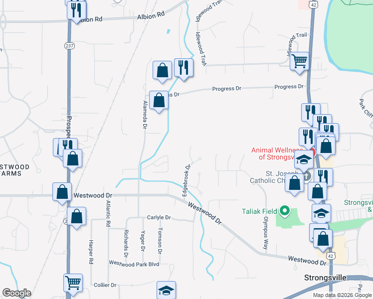 map of restaurants, bars, coffee shops, grocery stores, and more near 12066 Edgehill Oval in Strongsville