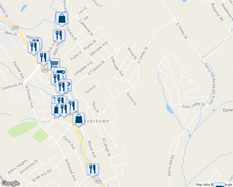 map of restaurants, bars, coffee shops, grocery stores, and more near 100 East Center Street in Shavertown