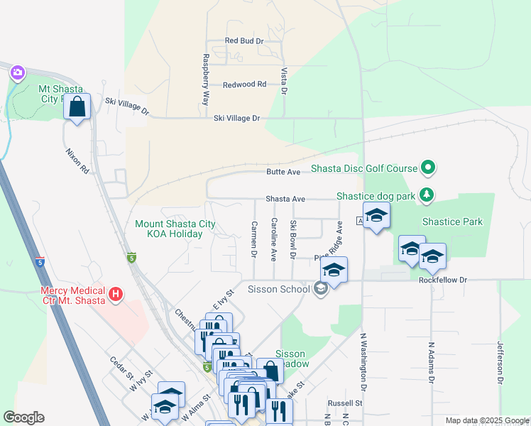 map of restaurants, bars, coffee shops, grocery stores, and more near 197 Shasta Avenue in Mount Shasta