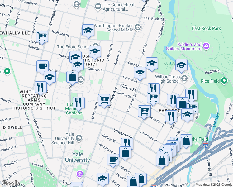 map of restaurants, bars, coffee shops, grocery stores, and more near 475 Whitney Avenue in New Haven