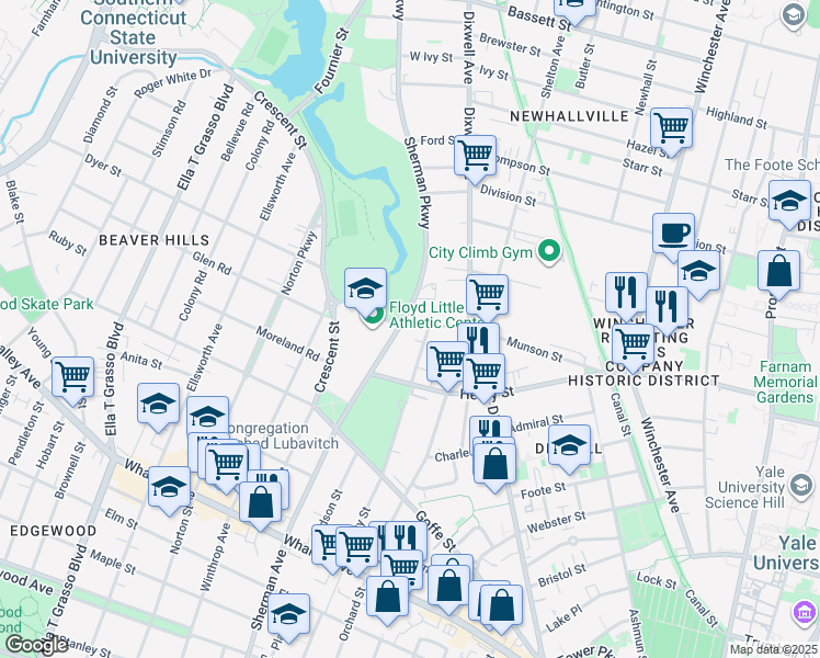 map of restaurants, bars, coffee shops, grocery stores, and more near 517 Sherman Parkway in New Haven