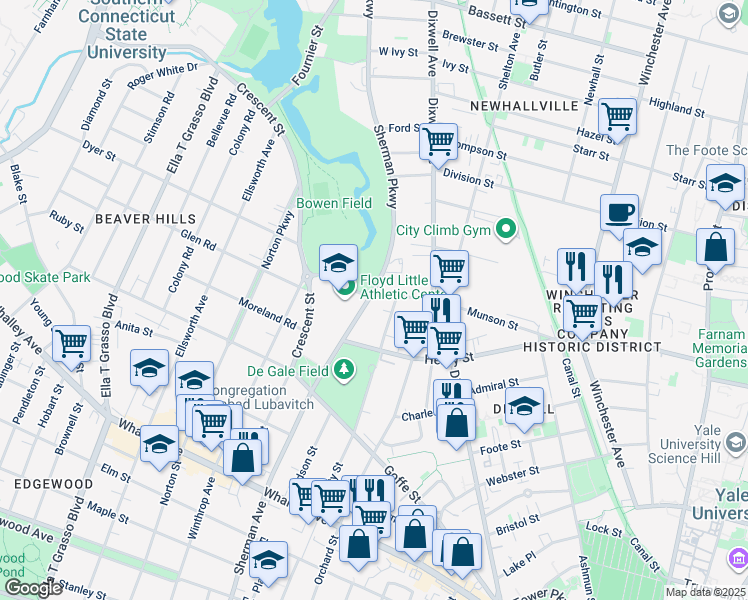map of restaurants, bars, coffee shops, grocery stores, and more near 517 Sherman Parkway in New Haven